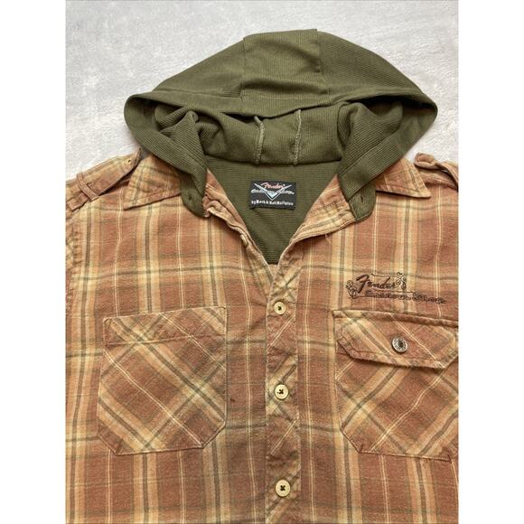 Fender Custom Shop Hoodie Shirt Mens M Rust Plaid Twill Surfer Skater Grunge - Picture 4 of 12